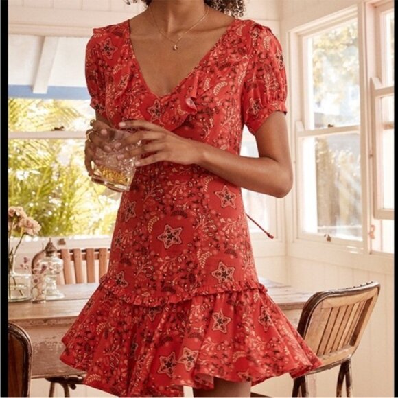 Spell & The Gypsy Celestial Red Floral Ruffle Mini Dress XS - Picture 3 of 10